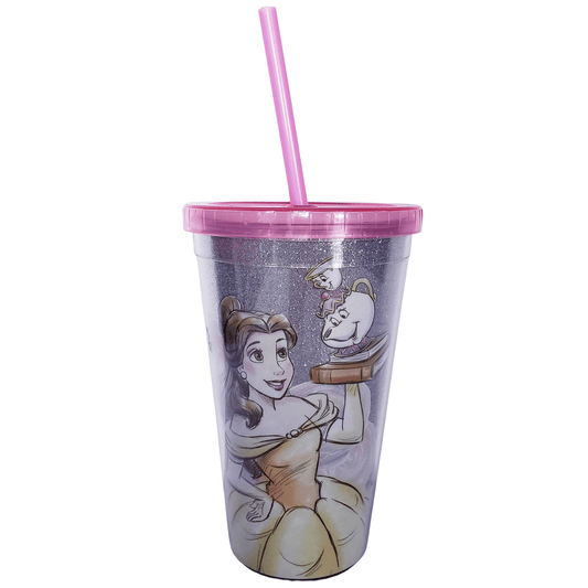 Silver Buffalo Tumbler Disney Princess Belle Glitter Tumbler With Straw DP121482G